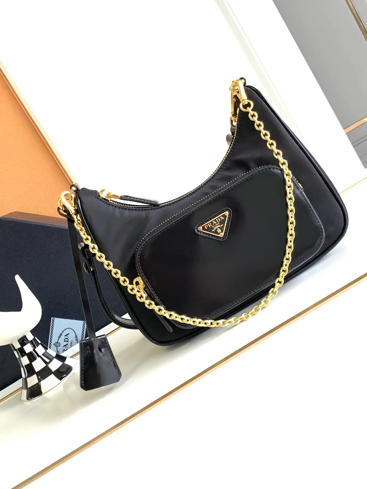 Prada Black Re-Nylon and Patent Leather Hobo Shoulder Bag image 1