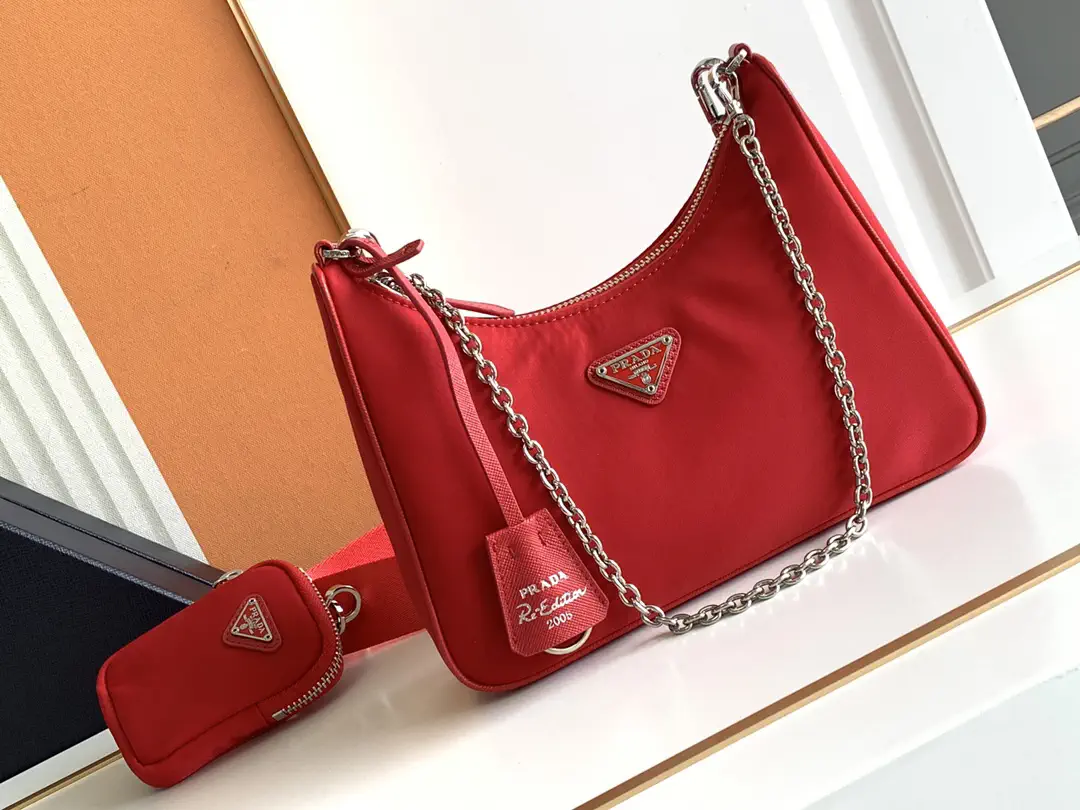 Prada Red Nylon Hobo Bag with Chain Strap and Mini Pouch image 1