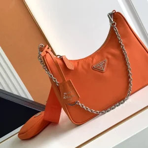 Prada Orange Nylon Hobo Bag with Chain Strap and Mini Pouch image 1
