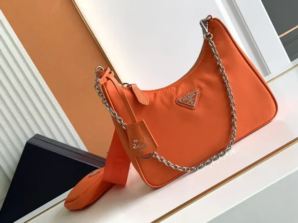 Prada Orange Nylon Hobo Bag with Chain Strap and Mini Pouch image 1