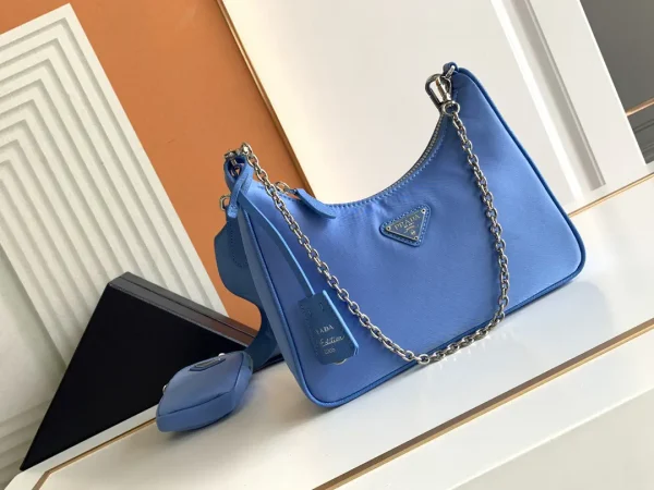 Prada Blue Nylon Hobo Bag with Chain Strap and Mini Pouch image 1