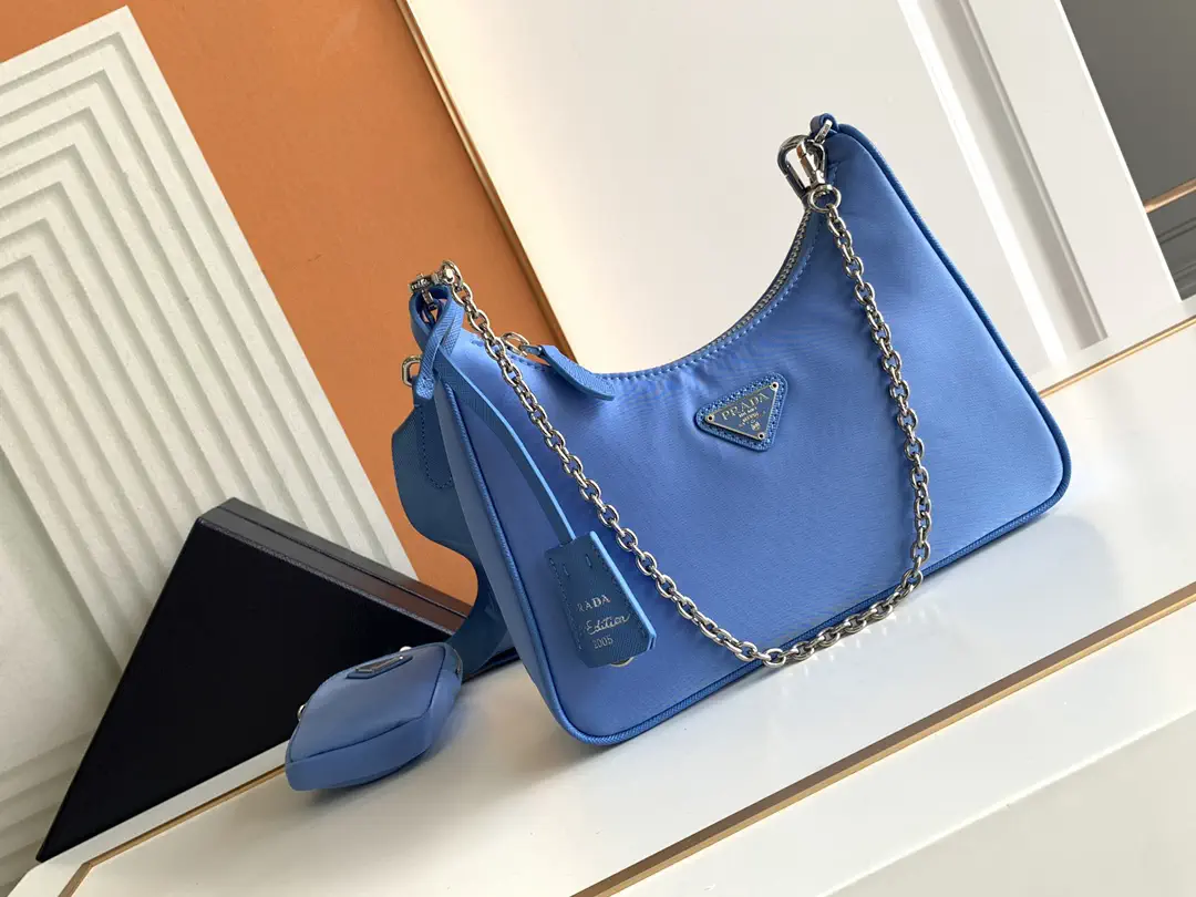 Prada Blue Nylon Hobo Bag with Chain Strap and Mini Pouch image 1
