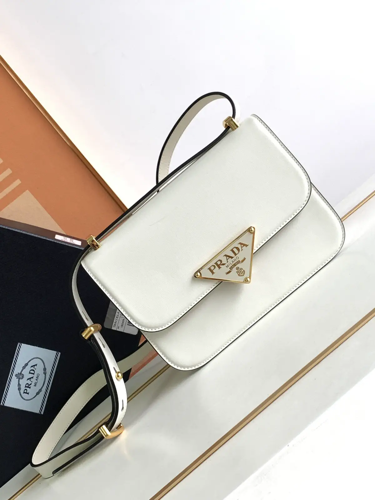 Prada White Leather Shoulder Bag with Triangle Logo image 1
