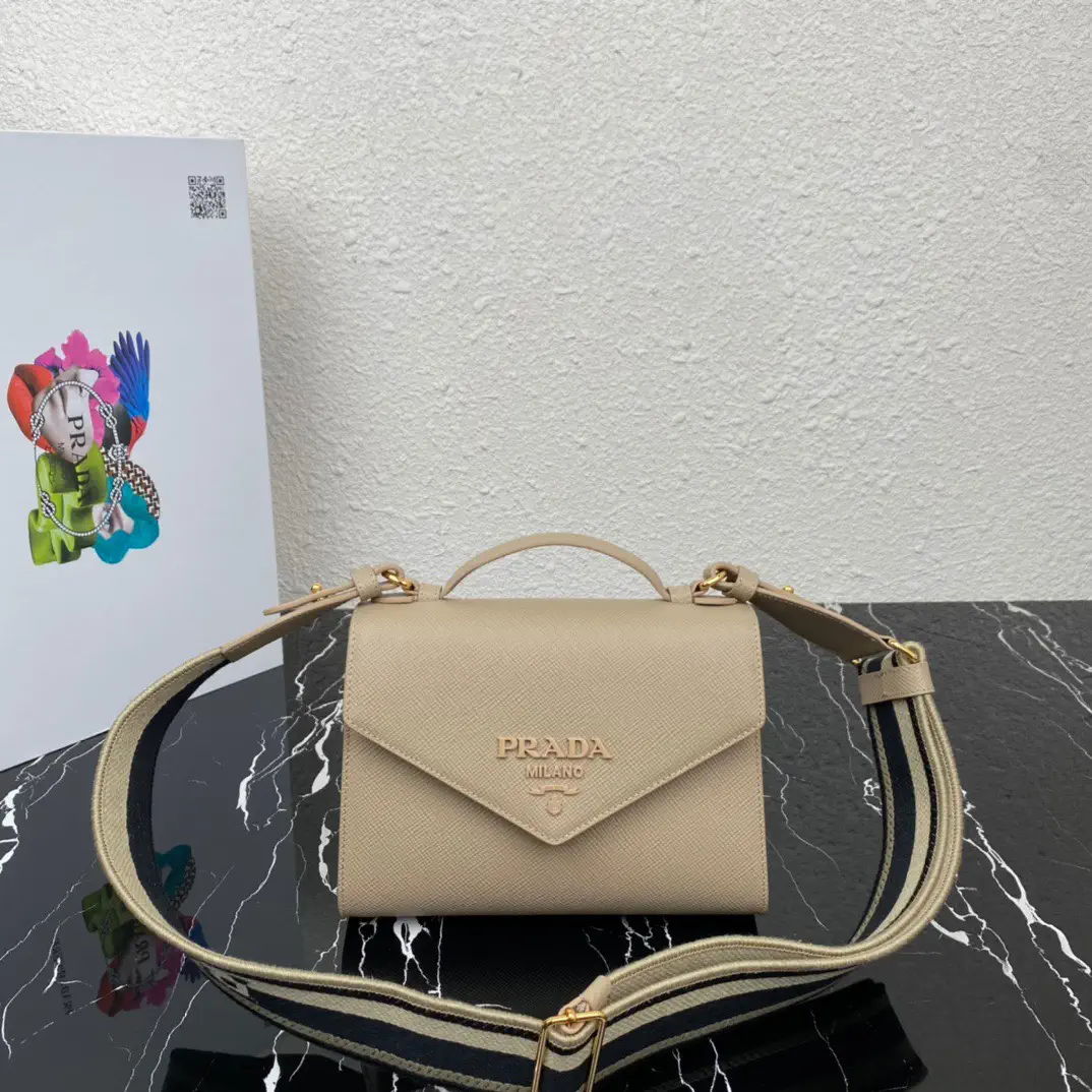 Prada Beige Saffiano Leather Crossbody Bag with Embroidered Strap image 1