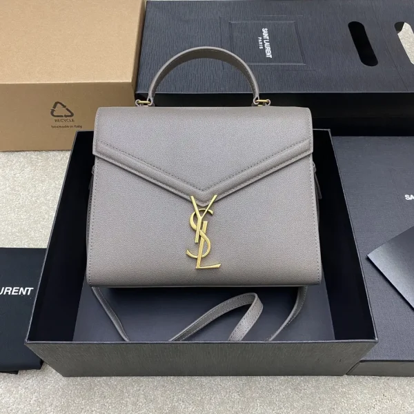 Taupe Leather Top Handle Bag with Gold Logo Lock image 1