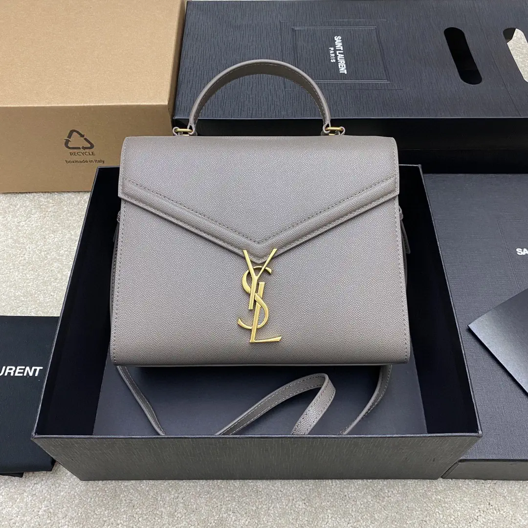 Taupe Leather Top Handle Bag with Gold Logo Lock image 1