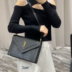 Black Croc-Embossed Envelope Shoulder Bag image 1