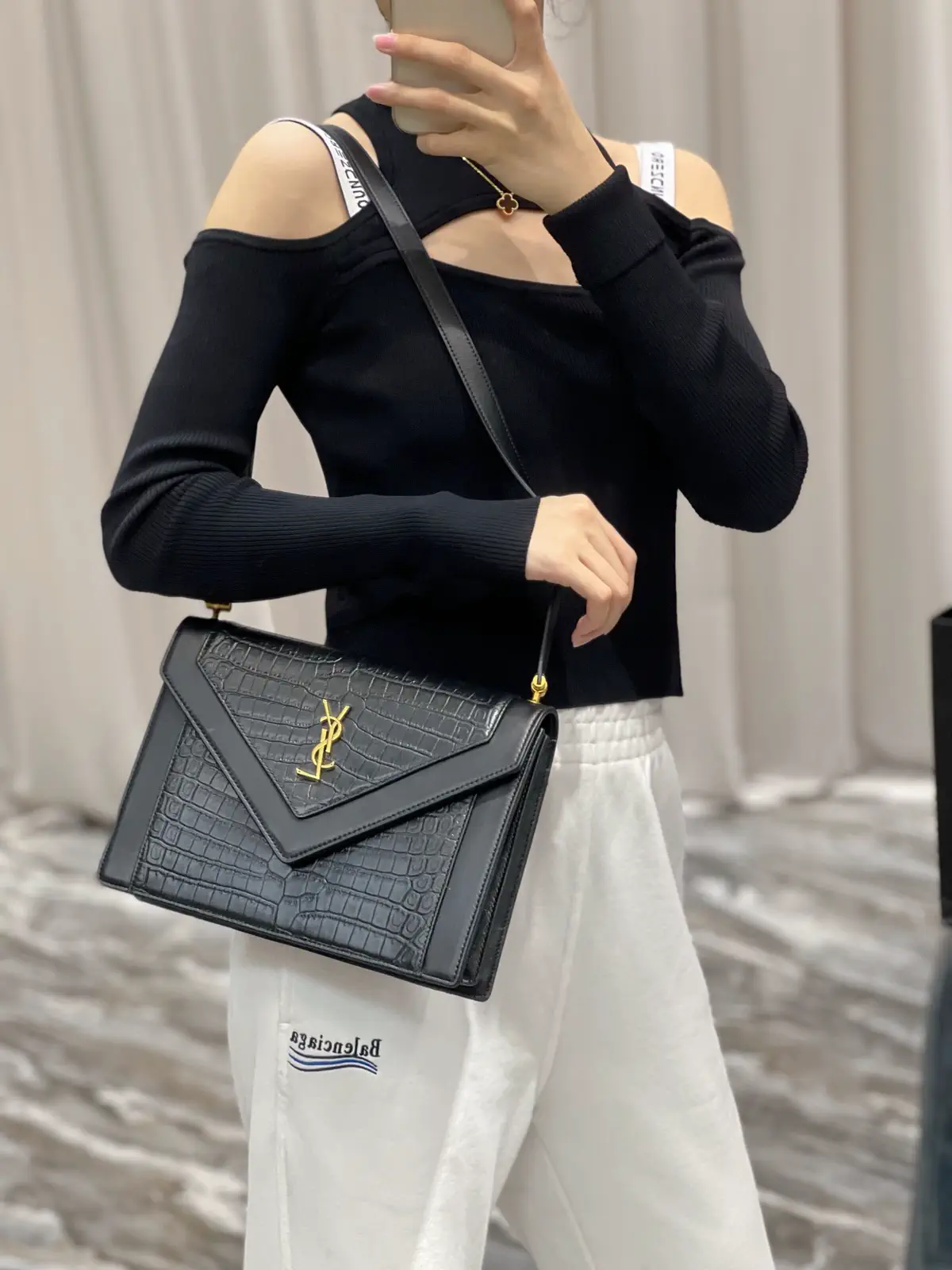 Black Croc-Embossed Envelope Shoulder Bag image 1