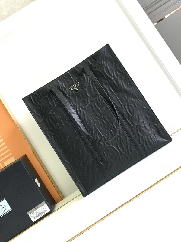 Prada Black Crinkled Leather Large Tote Bag image 1
