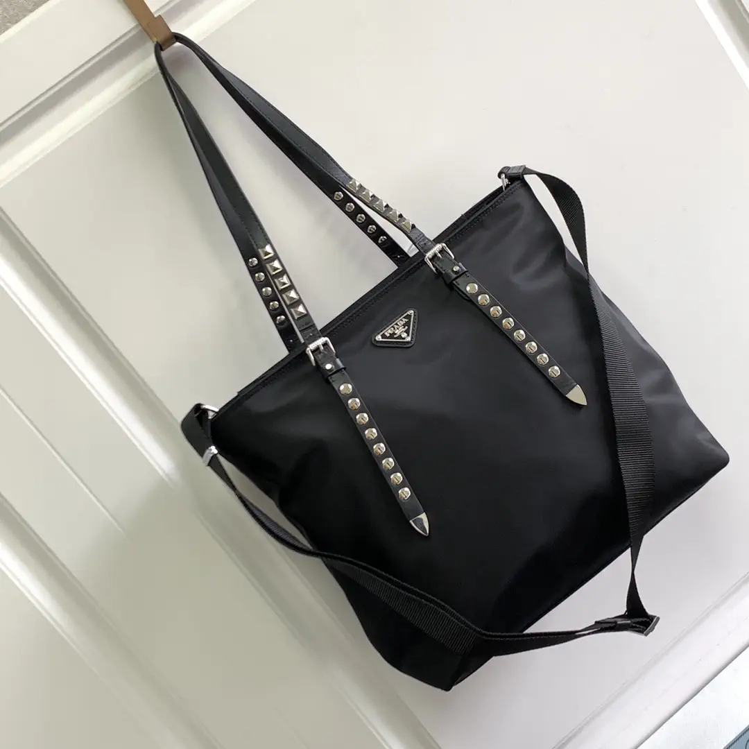 Prada Black Nylon Tote Bag with Studded Handles image 1