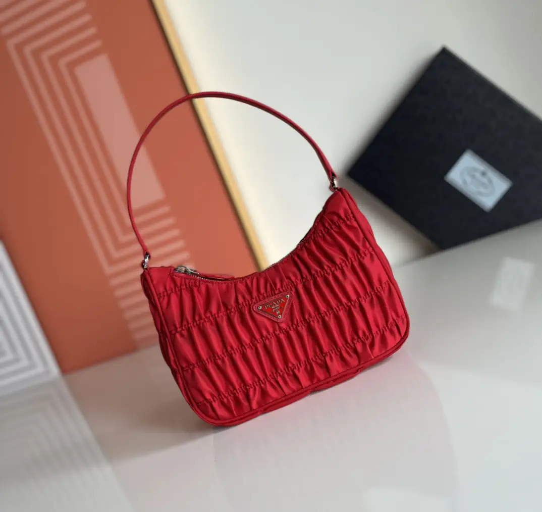 Prada Red Ruched Nylon Hobo Shoulder Bag image 1