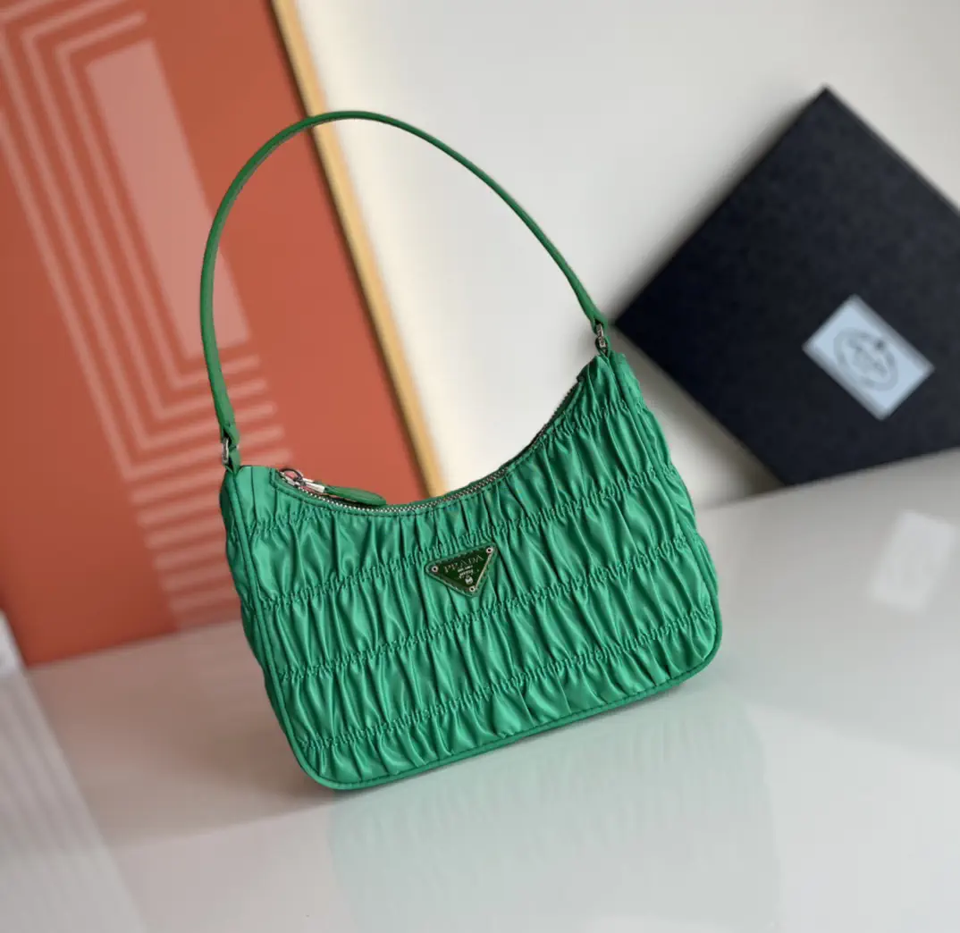 Prada Green Ruched Nylon Hobo Shoulder Bag image 1