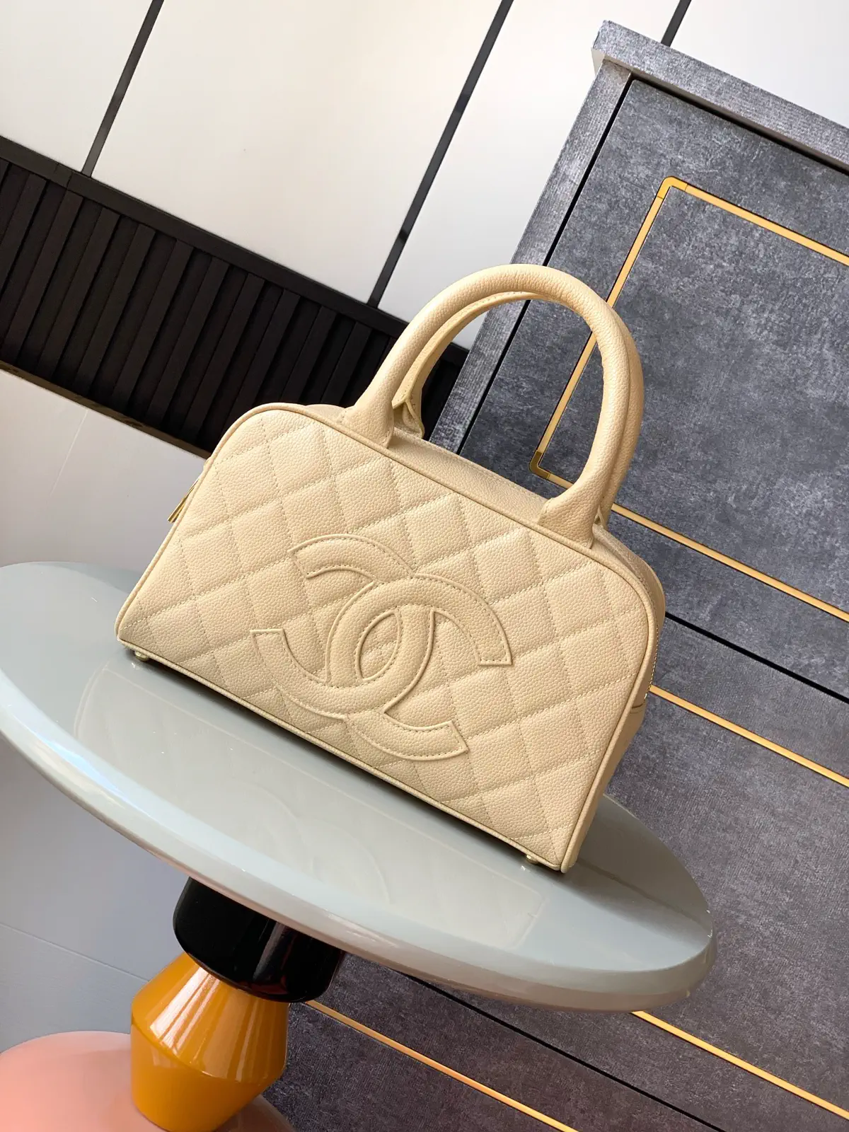 Chanel Quilted Caviar Leather Vintage Bowling Top Handle Bag image 1