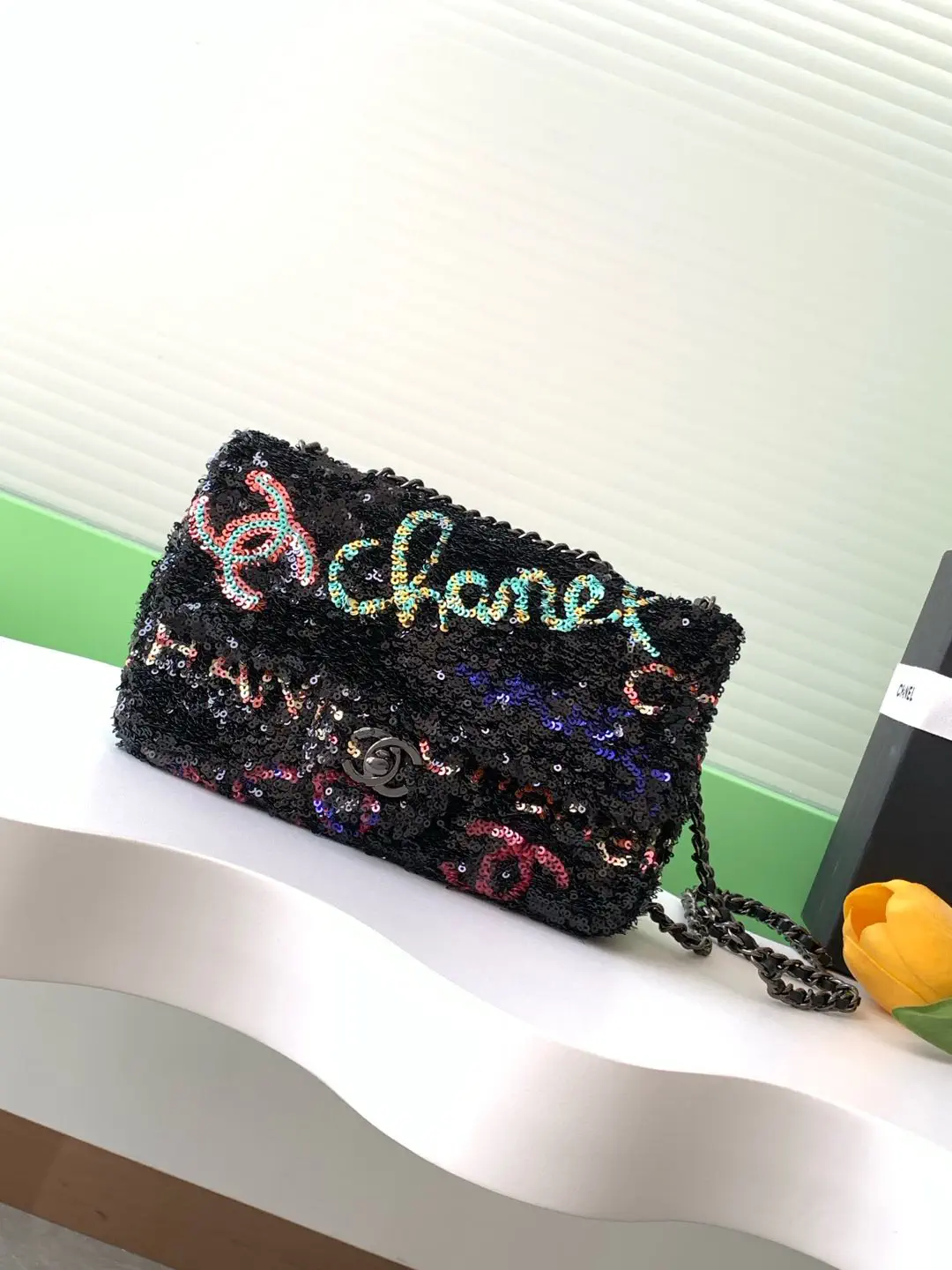 Chanel Sequin Embroidered Logo Chain Shoulder Bag image 1