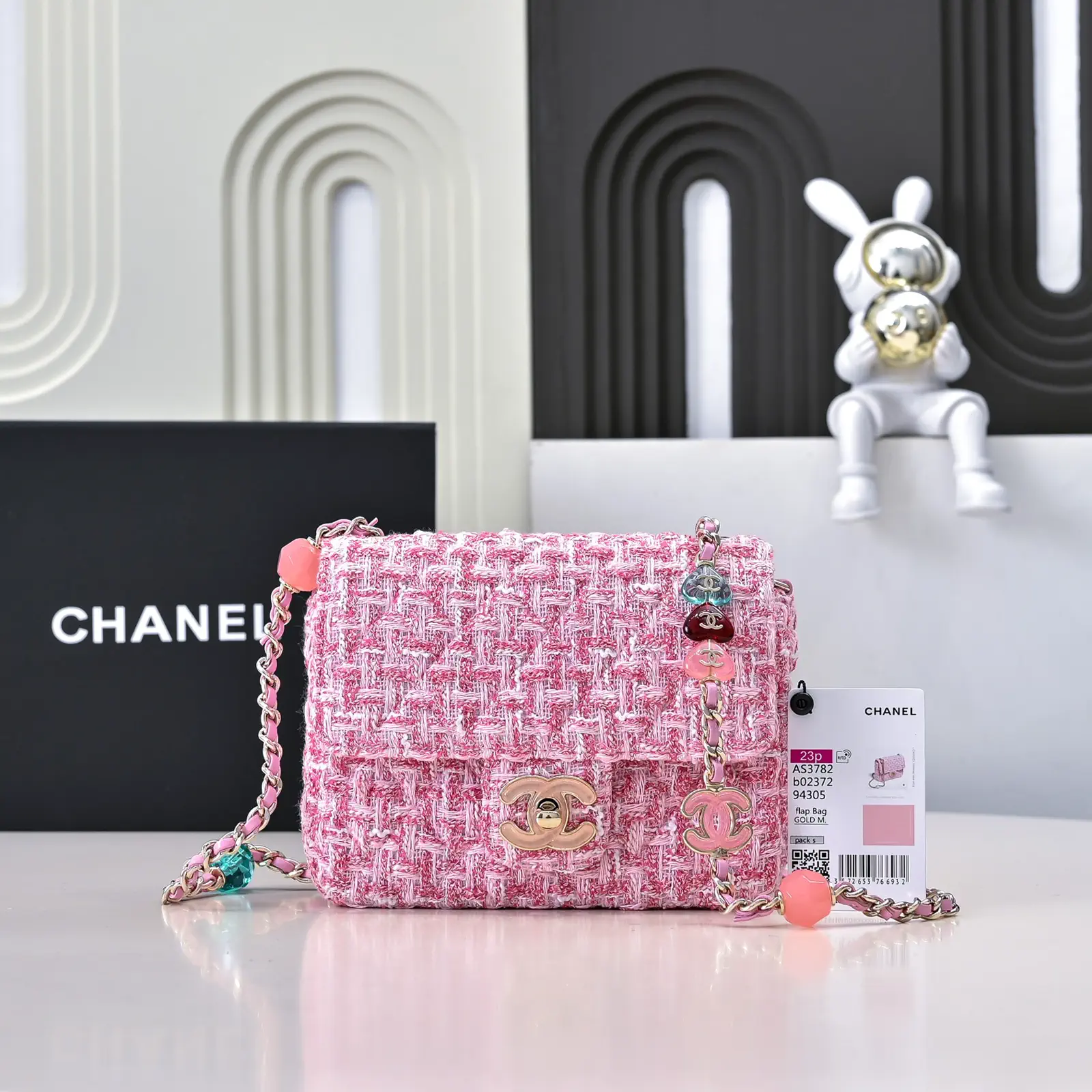 Chanel Pink Tweed Flap Crossbody Bag with Enamel Charm Chain Strap image 1