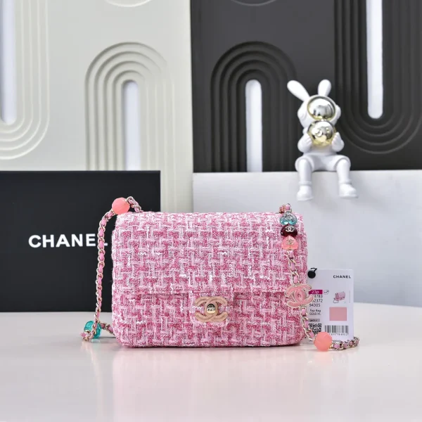 Chanel Pink Tweed Flap Crossbody Bag with Enamel Charm Chain Strap image 1
