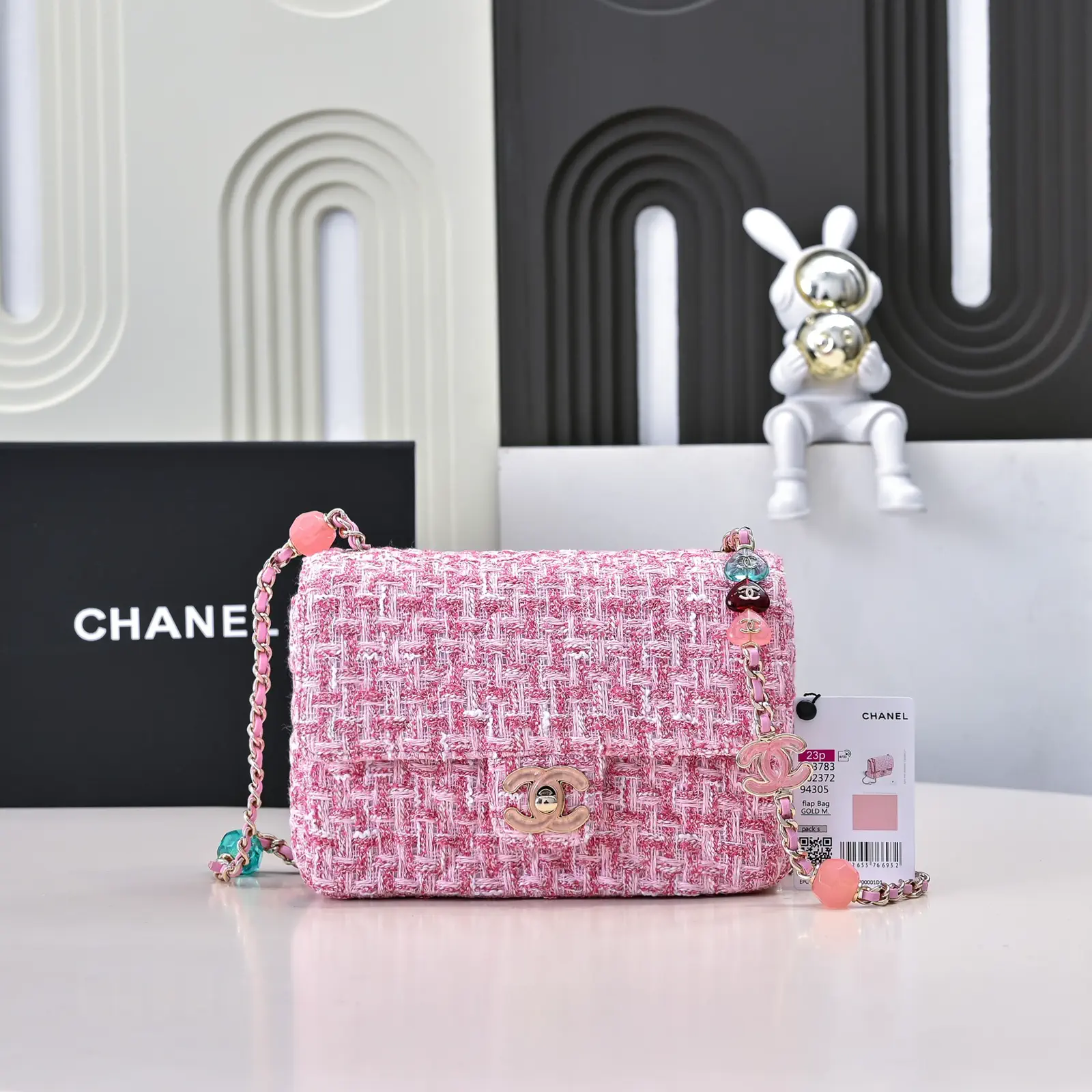 Chanel Pink Tweed Flap Crossbody Bag with Enamel Charm Chain Strap image 1