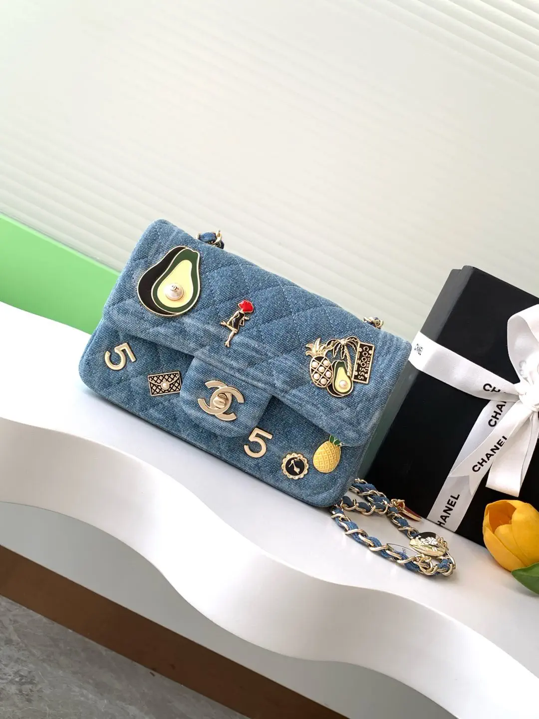 Chanel Quilted Denim Badge Embellished Crossbody Bag image 1